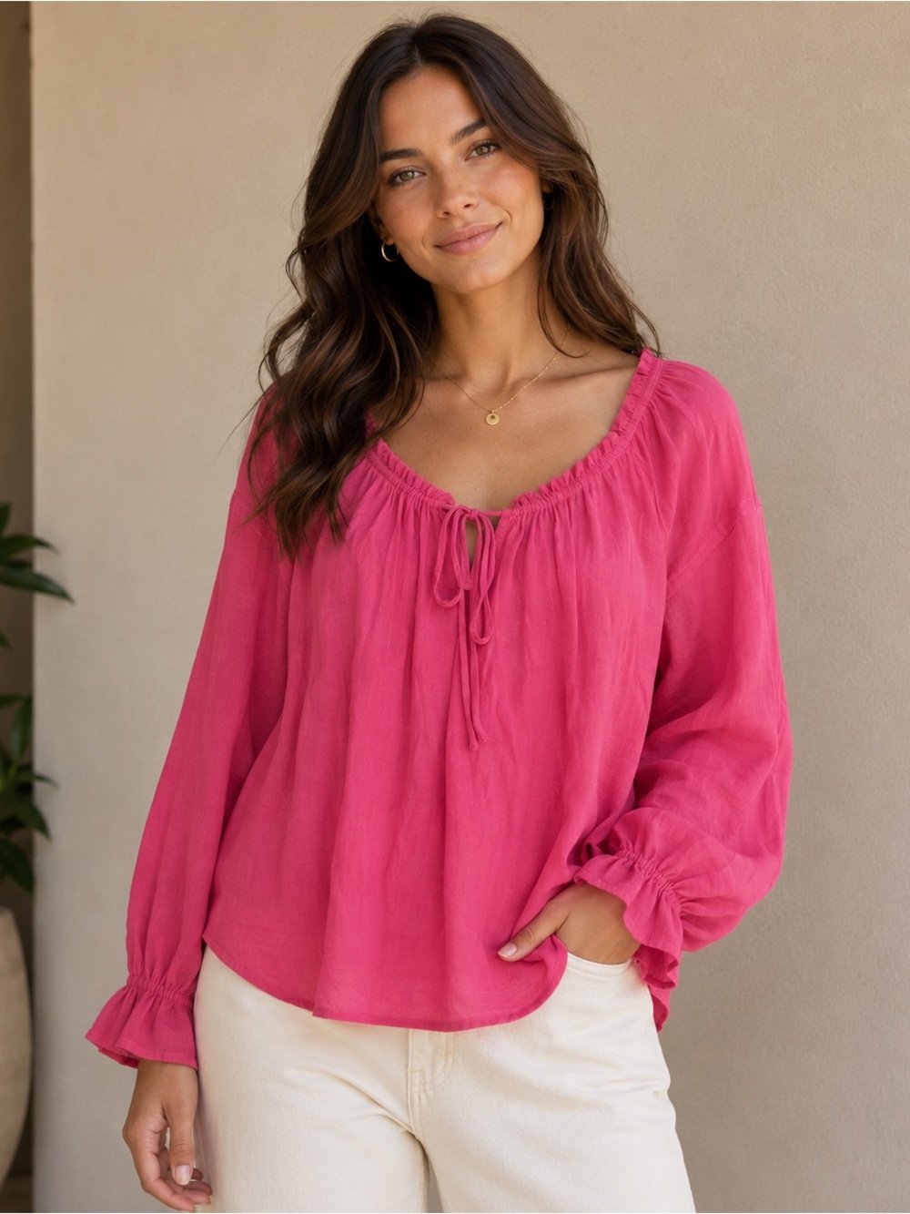 Ee:some Oversized Gauze Peasant Blouse Pink Boho Top Size Large